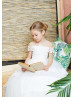 Off Shoulder Ivory Lace Tulle Corset Back Flower Girl Dress Off Shoulder Ivory Lace Tulle Corset Back Flower Girl Dress